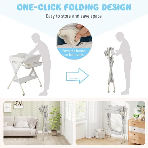 Vista 8 de BABY JOY Cambiador portátil para bebé, estación de cambio de pañales plegable con ruedas, altura ajustable, estante de almacenamiento grande, lavabo