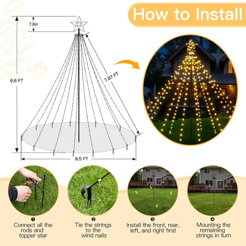 Vista 2 de Luces de árbol de Navidad de 340 LED con estrella superior, IP67, impermeable, control remoto, luces de cascada con poste, 16 modos, 3