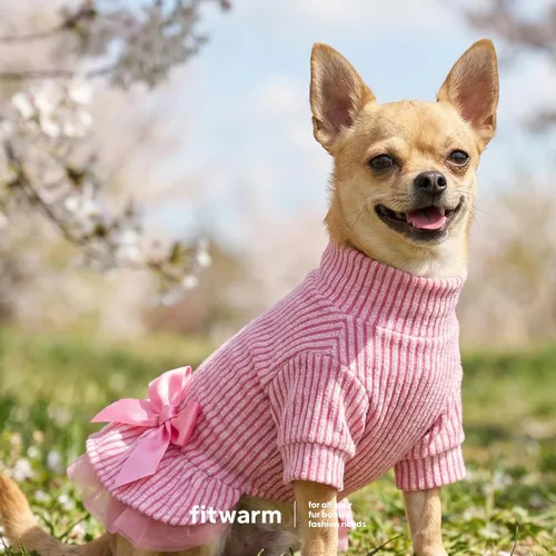 Vista 4 de Fitwarm Vestido tutú de punto acanalado para perro, ropa de invierno acogedora para perros pequeños y niñas, ropa elegante para mascotas, rosa, XS