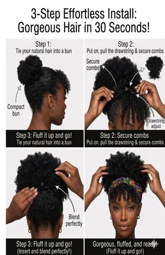 Vista 5 de Cola de caballo con cordón para mujeres negras Afro Puff Cola de caballo con cordón con flequillo Cola de caballo corta crespa y rizada Moño cola
