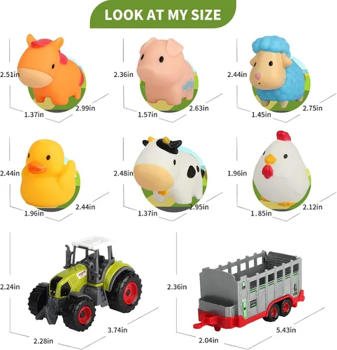 Vista 3 de Oriate Transportador de tractor de granja con animales de granja de dibujos animados y tapete de juego, paquete de 6 juguetes rociadores de baño