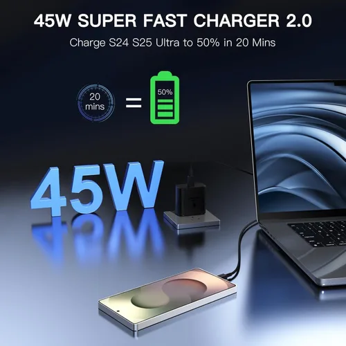 Vista 2 de Bloque de carga súper rápido Samsung de 45 W, paquete de 2 bloques de carga rápida tipo C con cable de carga USB C de 3 pies