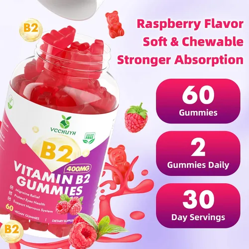 Vista 7 de Gomitas de vitamina B2 para niños y adultos, VIT B2 Riboflavina 400 mg Suplemento con magnesio para aliviar la migraña y apoyar el sistema nervioso