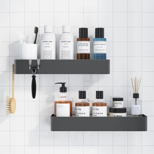 Vista 17 de Kitsure Organizador de ducha – Paquete de 2 organizadores de ducha adhesivos, estantes de metal inoxidables, organizadores de baño sin taladrar