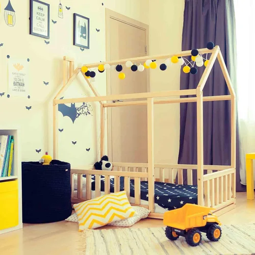Vista 5 de Cama para niños pequeños con rieles, Cama en forma de casa, Cama Montessori con rieles, Cama para niños, Cama de casa, Cama de piso para niños, Cama