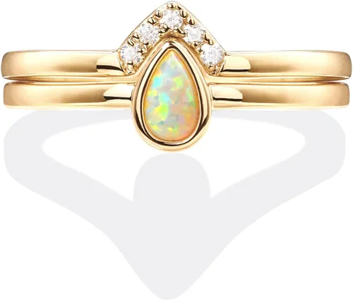 Vista 3 de PAVOI Anillos apilables chapados en oro de 14 quilates para mujer, diseño elegante con cristales brillantes de circonita cúbica y ópalo Joyería