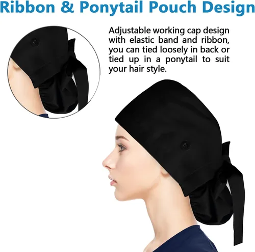 Vista 5 de Fesciory - Gorras de trabajo ajustables con botón y banda para el sudor, gorras con bolsa para cola de caballo para mujer, para cabello largo