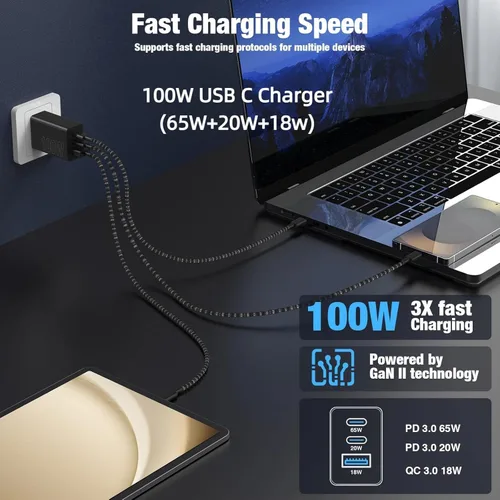 Vista 3 de USB C de carga súper rápida de 65 W para iPhone 17 16 Pro Max, bloque de carga USB C de 3 puertos de 100 W y cable trenzado tipo C de 3/6/6/10 pies