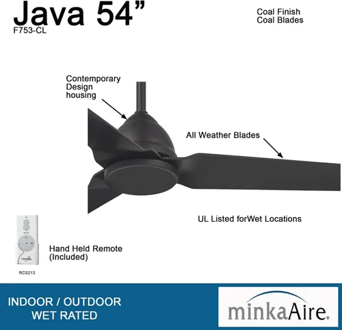 Vista 5 de MINKA-AIRE F753-CL Java Ventilador de techo de 3 aspas para exteriores de 54 pulgadas en acabado carbón