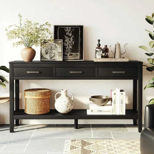 Vista 15 de Quarte Elegante mesa consola con tres cajones de almacenamiento, mesa de sofá extra larga para entrada, pasillo, sala de estar, vestíbulo, pasillo