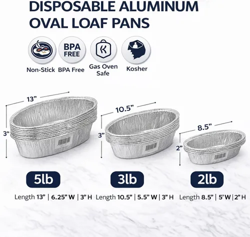 Vista 3 de JetFoil Moldes ovalados desechables de aluminio para pan, 2 libras, moldes desechables de papel de aluminio para hornear pasteles, recipientes