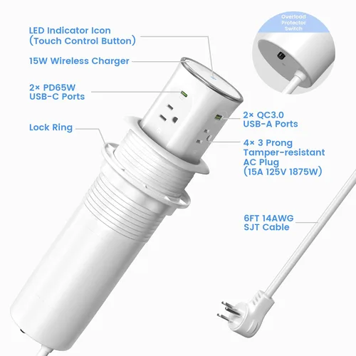 Vista 7 de ANNQUAN 3.15 "Motorizado Pop Up Outlet 65W USB 15W Cargador Inalámbrico Blanco