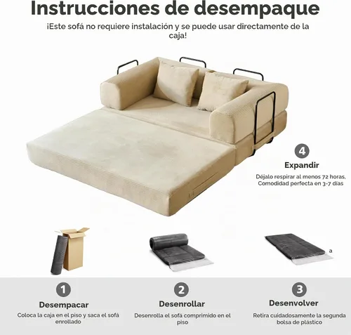 Vista 4 de Sofá Cama Convertible de 59 Pulgadas, Cama de Sofá de Pana Sin Estructura, Sofá Cama Futón Extraíble, Sofá Plegable para Sala de Estar