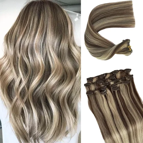 Vista 13 de Extensiones de cabello humano real Remy con clip, color blanco hielo, extensiones de cabello humano natural con clip, 12 pulgadas, 7 piezas, 2.47 oz