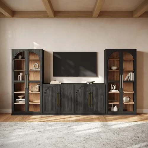 Vista 79 de BELLEZE Centro de entretenimiento modular de 4 piezas con almacenamiento, 2 vitrinas de madera moderna con gabinete arqueado y 2 armarios de puerta