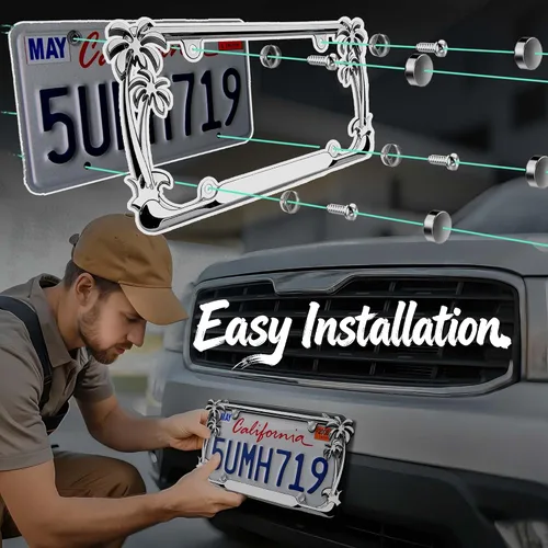 Vista 5 de Marco de matrícula cromado con palmeras 3D de alta calidad con 4 tapas de rosca plateadas, ajuste universal para automóviles y camiones, marco