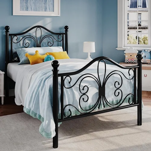 Vista 3 de SHA CERLIN Estructura de cama de tamaño individual para niños, estructura de cama de metal con cabecero y pie de cama con diseño de patrón de Negro