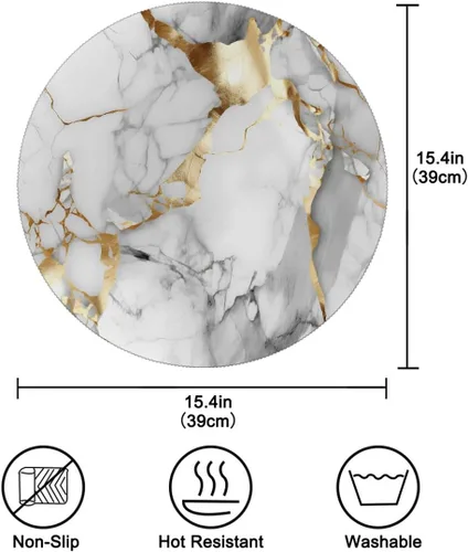 Vista 2 de Round Placemats Set of 1, White Golden Marble Pattern Heat Resistant Washable Place Mats Table Mat for Kitchen Dining Party
