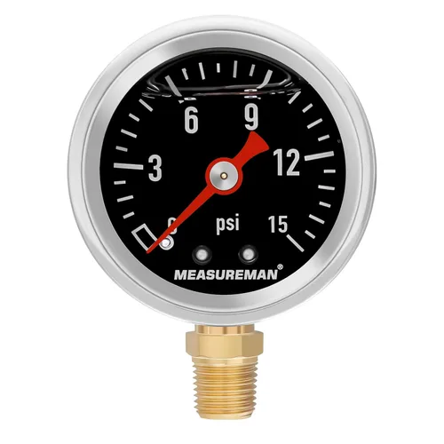 Vista 12 de MEASUREMAN - Manómetro, 0 a 15 psi, relleno glicerina, esfera 1.5 pulgadas, caja acero inoxidable 304, montaje central posterior 1/8 NPT, adaptador