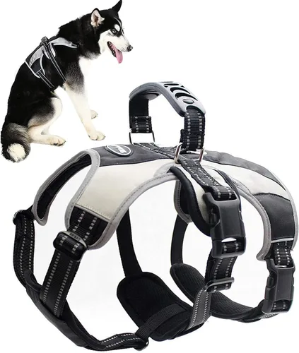 Vista 7 de Mihachi Arnés para perro para perros medianos, chaleco de servicio sin tirones a prueba de escapes, con tiras reflectantes y asa de control, Azul