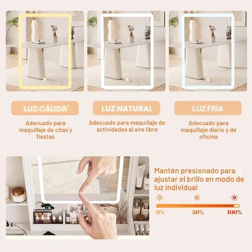 Vista 3 de Mesa de tocador ALEAVIC con espejo y luces LED, juego de tocador de maquillaje con toma de corriente y taburete, almacenamiento para joyas, mesa