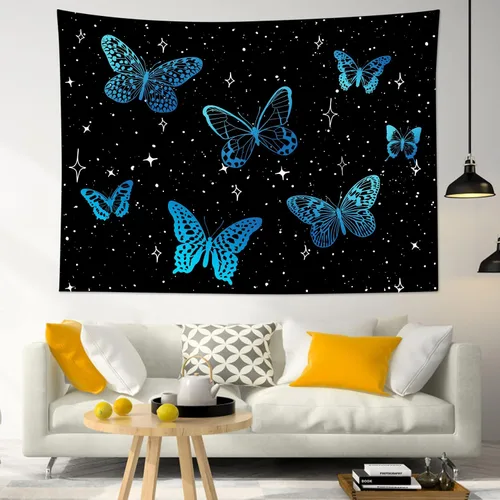 Vista 3 de HVEST Tapiz de mariposa para decoración de habitación, mariposas azules de fantasía en cielo estrellado, tapiz para colgar en la pared, tapiz negro