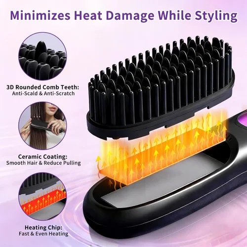 Vista 4 de Cepillo alisador de pelo, inalámbrico recargable con pantalla LED, carga USB, cepillo de alisado portátil de calentamiento rápido, temperatura