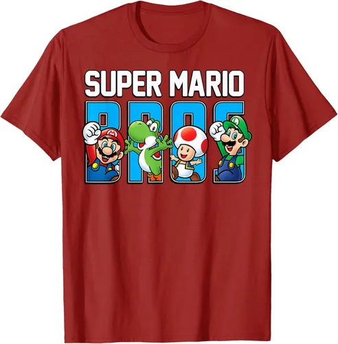 Vista 64 de Super Mario Bros Characters Letter Fill Graphic T-Shirt Camiseta, Negro