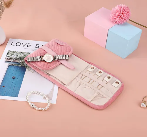 Vista 7 de Voova Estuche organizador de joyas de viaje, bolsa pequeña de almacenamiento de joyas para artículos esenciales de viaje, bolsa plegable portátil