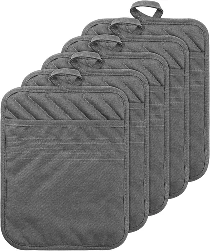 Vista 8 de Juego de 5 agarraderas de algodón con bolsillo para cocina, resistentes al calor, lavables a máquina, almohadillas calientes, guantes de horno a