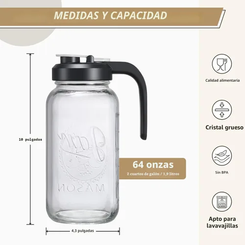 Vista 2 de Set de 2, Jarra de Vidrio con Tapa - Jarra de Albañil de 2 Quart con Filtro, Jarra de Boca Ancha a Prueba de Fugas, Envase Resistente para Agua