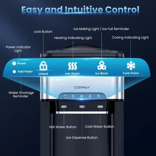 Vista 8 de COSTWAY Dispensador de agua con máquina de hielo, capacidad para botella de 3 a 5 galones, máquina enfriadora de agua fría caliente de carga