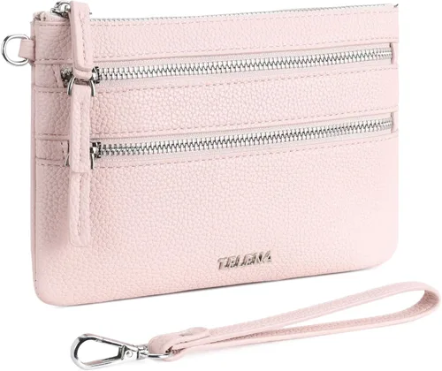 Vista 14 de Telena Cartera delgada para mujer, con bloqueo RFID, tarjetero de cuero con llavero plateado, color beige