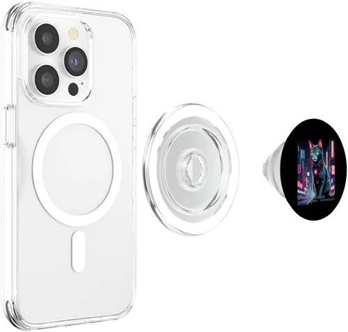 Vista 4 de Japanese Vaporwave Cat 80s Synthwave Graphic PopSockets MagSafe PopGrip for iPhone