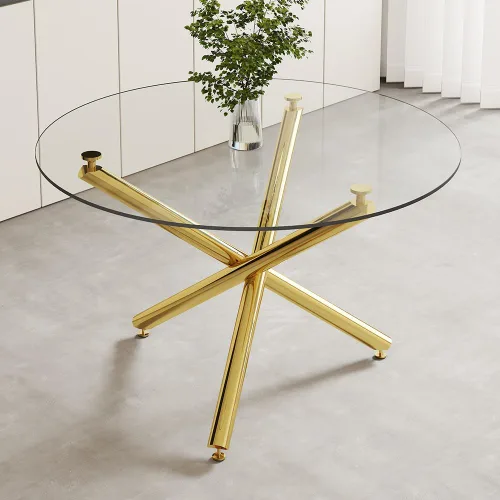 Vista 8 de Mesa redonda de comedor de vidrio para 4 a 6, moderna mesa superior de vidrio templado, patas cromadas resistentes, almohadillas ajustables