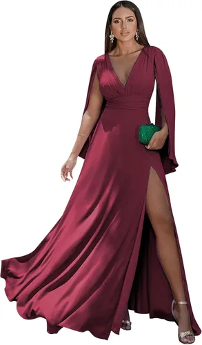 Vista 13 de Women's Long Sleeve Bridesmaid Dresses V-Neck Chiffon Ruched Formal Dress Evening Gown with Slit