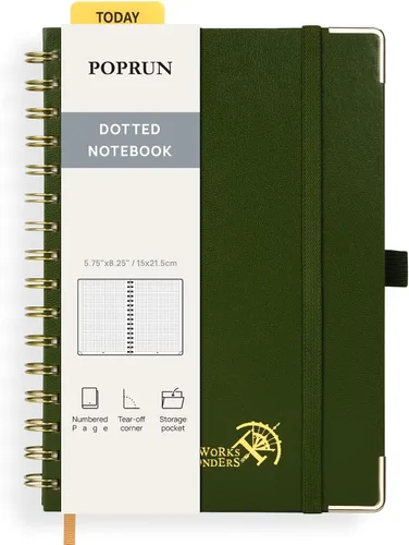 Vista 30 de POPRUN - Cuaderno de notas con espiral y puntos, diario A5 de 5.75" x 8.25", papel grueso de 120 gsm, 141 páginas numeradas, tapa dura para hombres