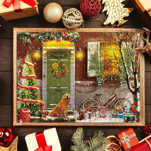 Vista 7 de Lavievert Rompecabezas de 500 piezas para adultos, Navidad en la puerta, sonriente Golden Retriever Smiling Golden Retriever, Family Fun