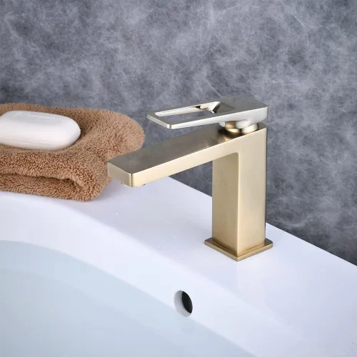 Vista 2 de Grifo de baño de latón de un solo orificio con tapón de drenaje para fregadero emergente, grifo de lavabo de tocador de una sola manija
