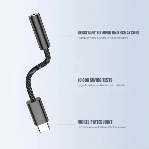 Vista 4 de Fidioto 1 paquete de adaptador de auriculares USB tipo C a conector hembra de 3.5 mm negro, cable de dongle de audio USB C a auxiliar de 16 bits