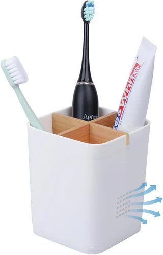 Vista 16 de Soportes para cepillo de dientes con drenaje para baños, soporte para cepillo de dientes de 4 ranuras con divisores de bambú, organizador de cepillo