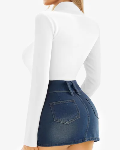 Vista 55 de MANGOPOP - Enterizo para mujer, manga larga, cuello de tortuga, cuello alto falso, estilo top