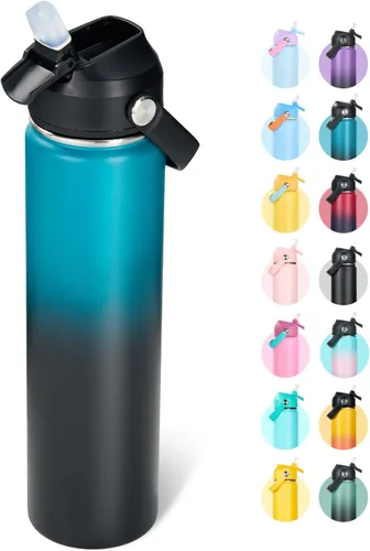 Vista 22 de Fijinhom Botella de agua aislada de acero inoxidable de 18 oz, de boca ancha, de doble pared, con vacío, con pajita de silicona, a prueba de sudor