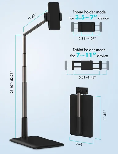Vista 4 de Viozon Soporte de Piso para Tablet con Brazo Largo Flexible y Soporte para Teléfono, Ajustable en Ángulo 360°, Aleación de Aluminio, para Cama