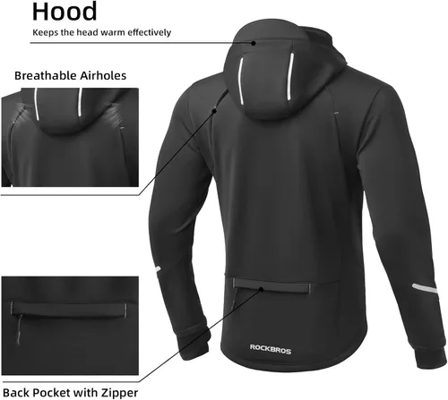Vista 4 de ROCKBROS Chaquetas de ciclismo para hombre, chaquetas de invierno para bicicleta, chaqueta térmica resistente al viento para hombre, clima frío
