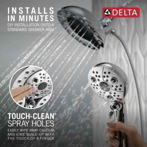 Vista 7 de Cabezal de ducha dual In2ition de 5 pulverizaciones Delta Faucet con rociador de mano, cabezal de ducha cromado H2Okinetic con manguera, cabezales