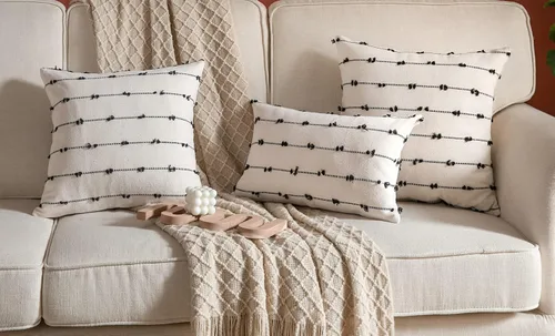 Vista 6 de Caflife Fundas de Almohada Decorativas Boho 18x18 pulgadas Beige y Negro, Juego de 2 Fundas de Almohada Decorativas Modernas Estilo Granja para Sofá