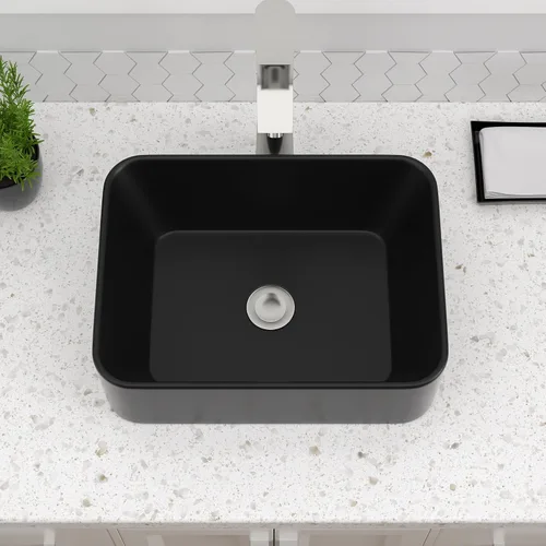 Vista 3 de Dcolora Lavabo de Recipiente Negro Rectangular de 40,6 x 30,5 cm Negro Mate Lavabo de Baño Rectangular sobre Encimera Cerámica Porcelana Lavadero