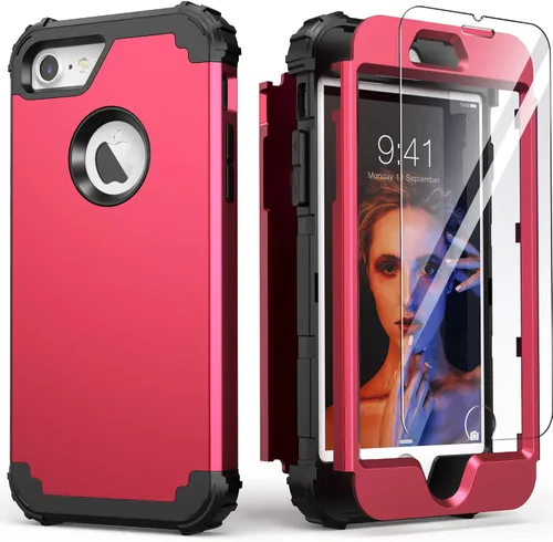 Vista 18 de IDweel Funda para iPhone 8 con Protector de Pantalla de Vidrio Templado, para iPhone 7, 3 en 1, Resistente a Golpes, Delgada, Híbrida, de Servicio