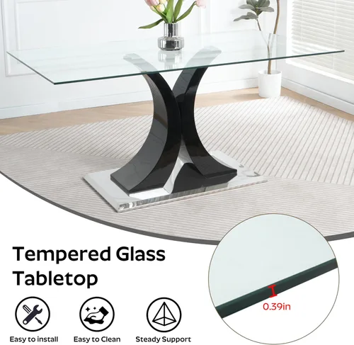 Vista 7 de Juego de comedor moderno de vidrio de lujo de 5 piezas, juego de cena rectangular minimalista grande para 4, juego de mesa de cocina de vidrio
